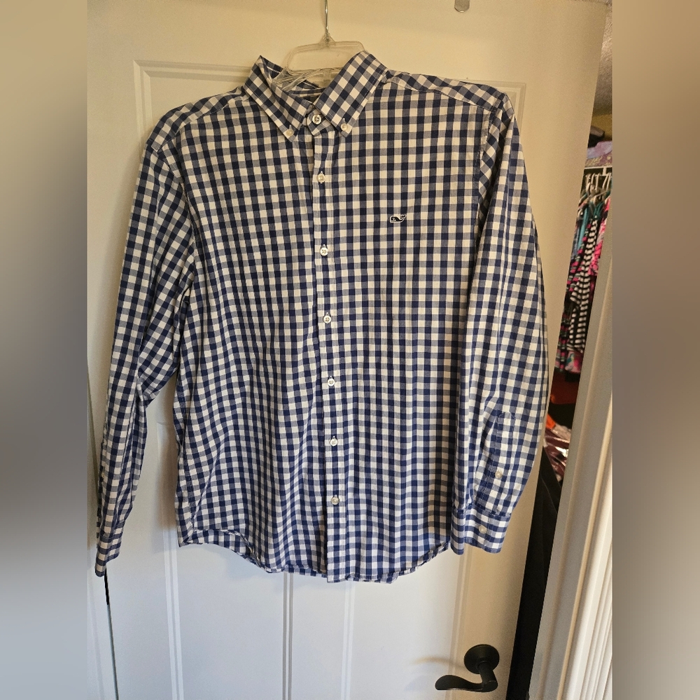 Blue and White Checkered Button-Up Shirt